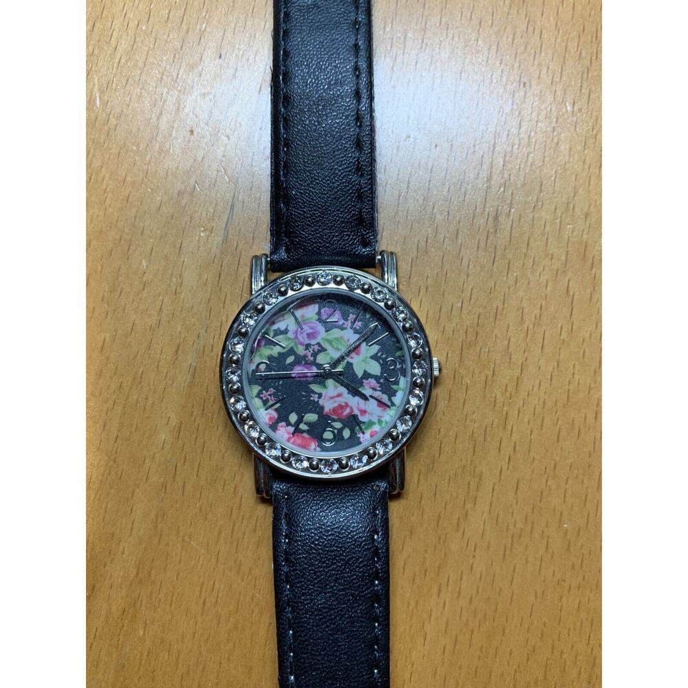 Colorful Flowers Black Dial Silver Case Black Leather Band Womens Watch